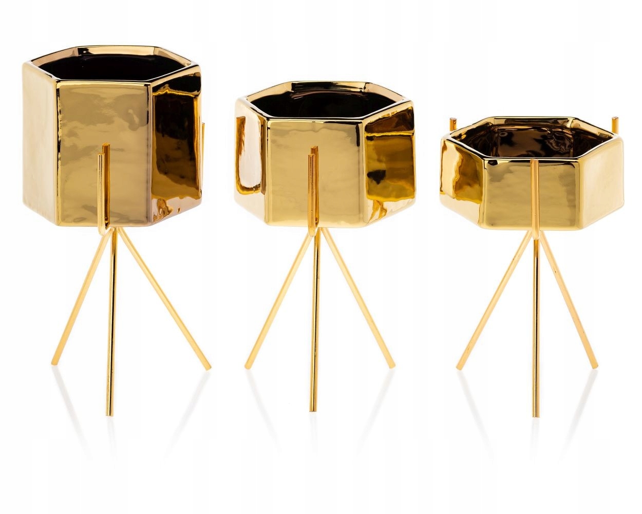 Sada 3 keramických květináčů Sashi Gold na zlatých stojanech, glamour styl