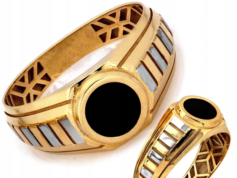 Elegantní zlatý prsten 585 14kt s černým syntetickým kamenem 4.18g R26