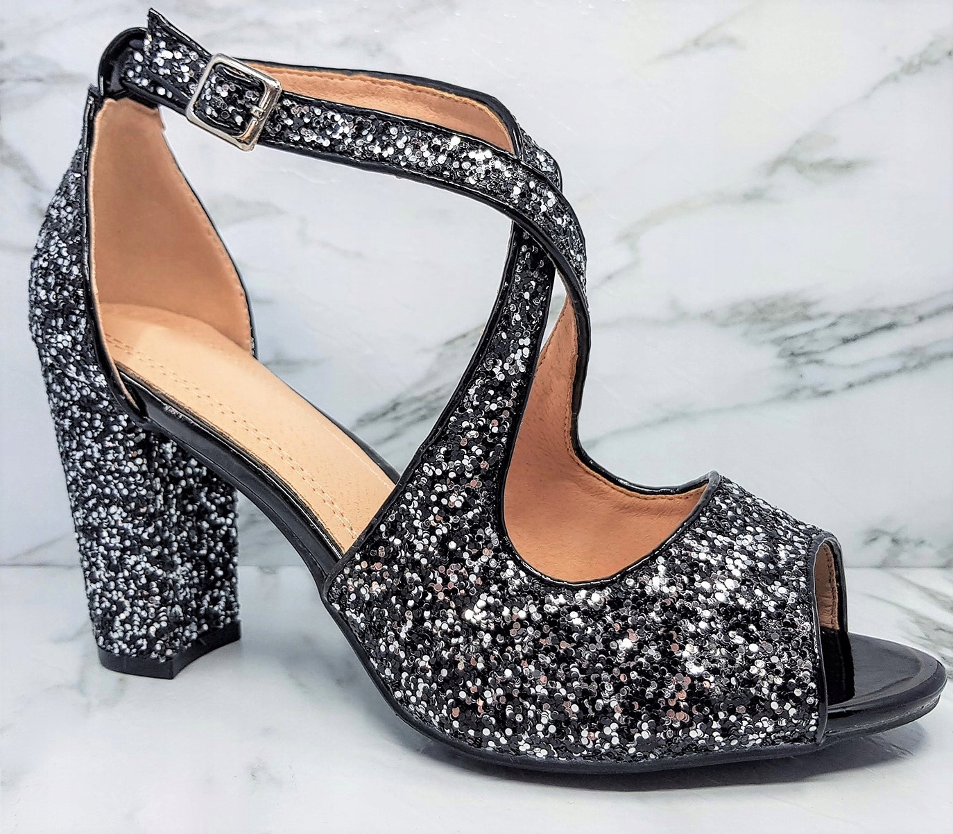 CZARNE BROKATOWE BUTY CZÓŁENKA NA SŁUPKU SKRZYŻOWANE PASECZKI 38 Rozmiar 38