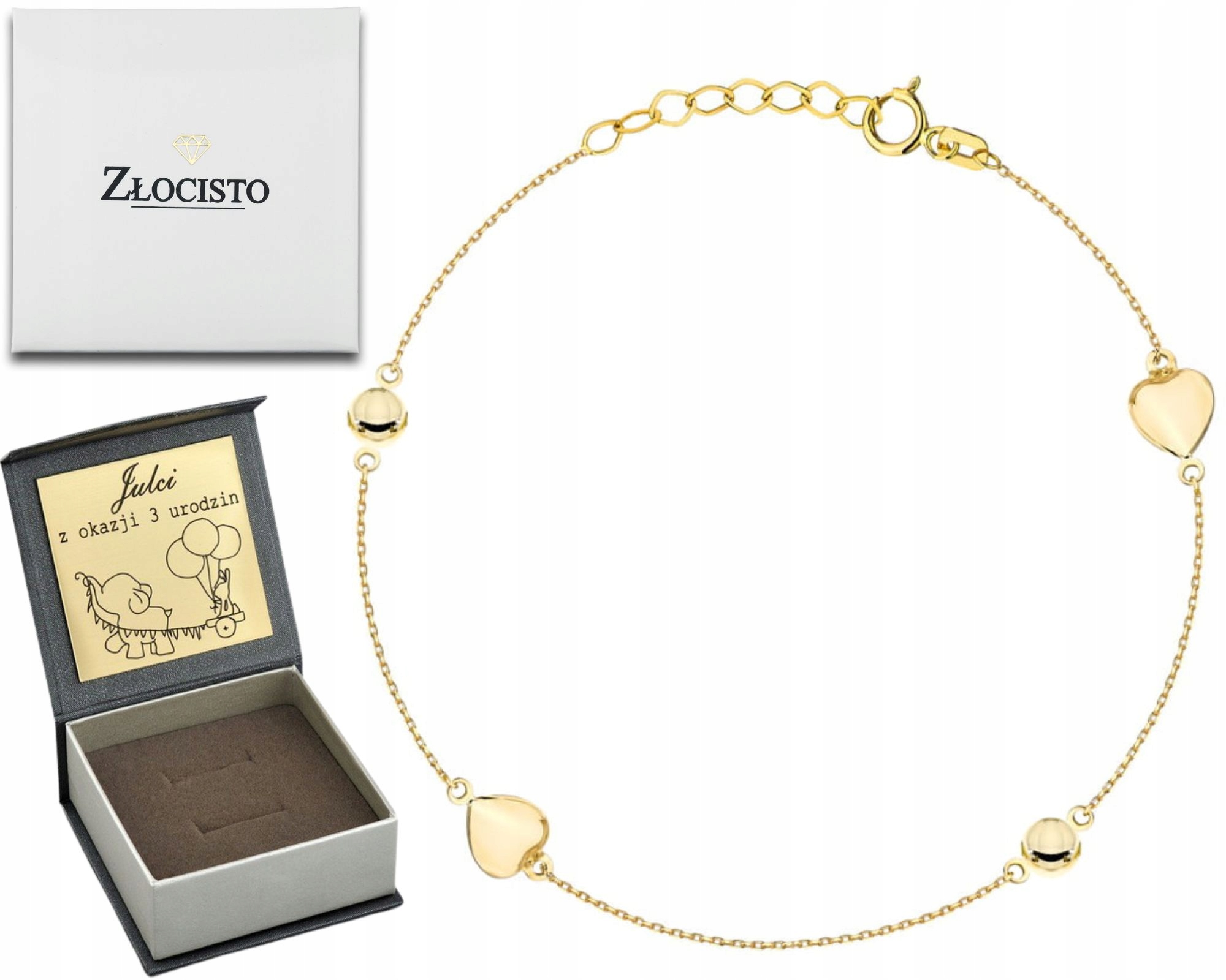 Zlatý Náramek Konvexní Srdce A Kroužky Dárek K Valentýnu 585 14K