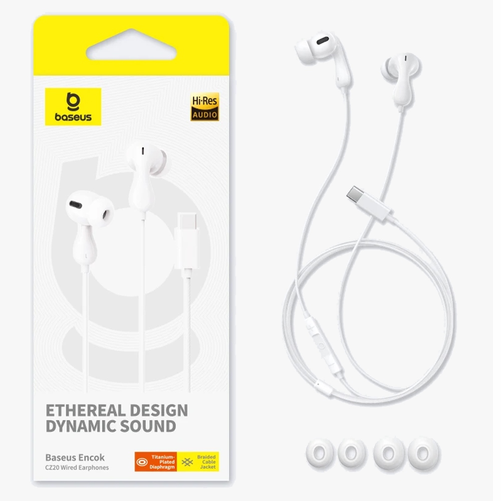 Drátová Sluchátka do uší Dlouhé 1,1 m Usb-c Baseus Encok CZ20 Bílé