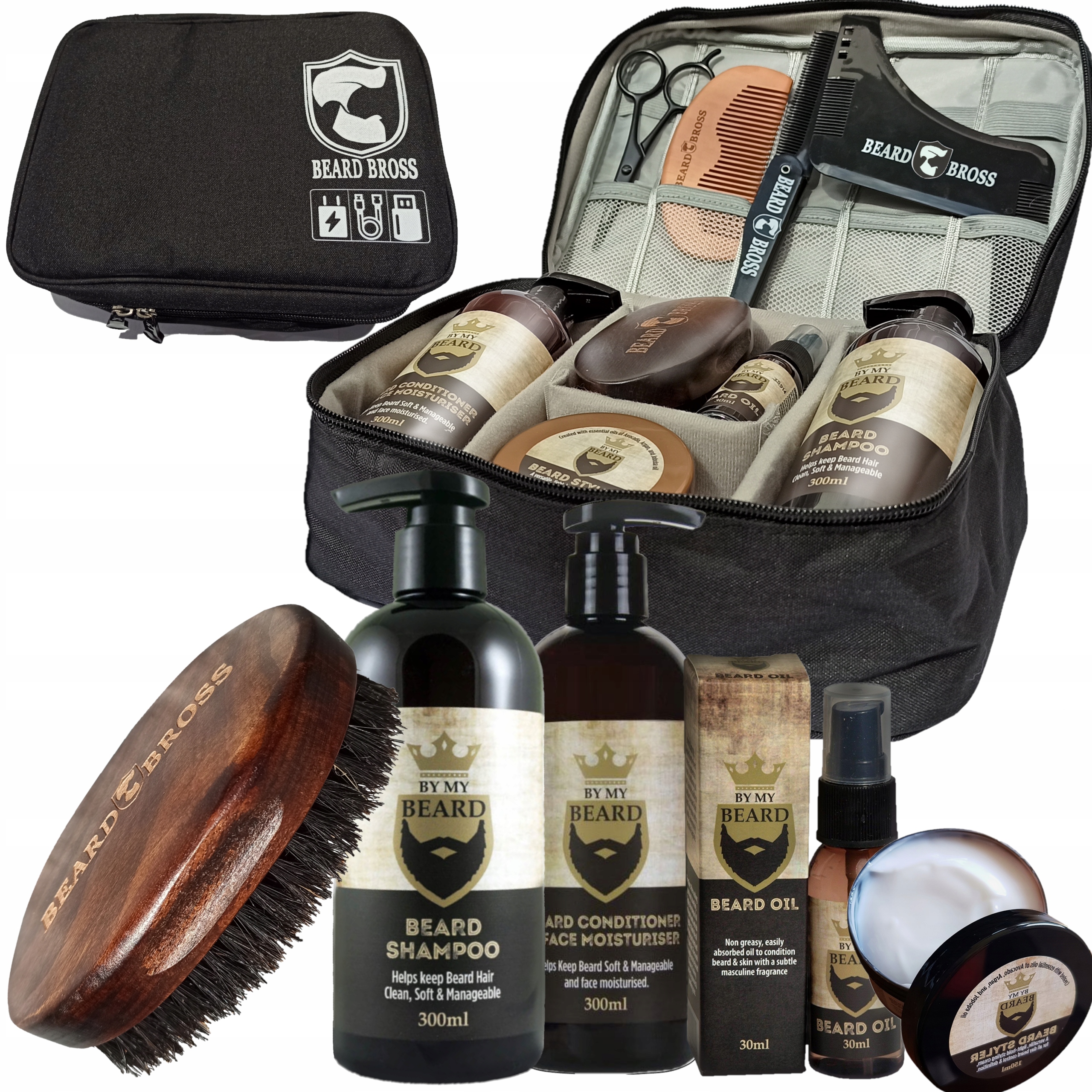 Zestaw do brody Szczotka Grzebień Olejek Odżywka Kosmetyczka Prezentbrodacz