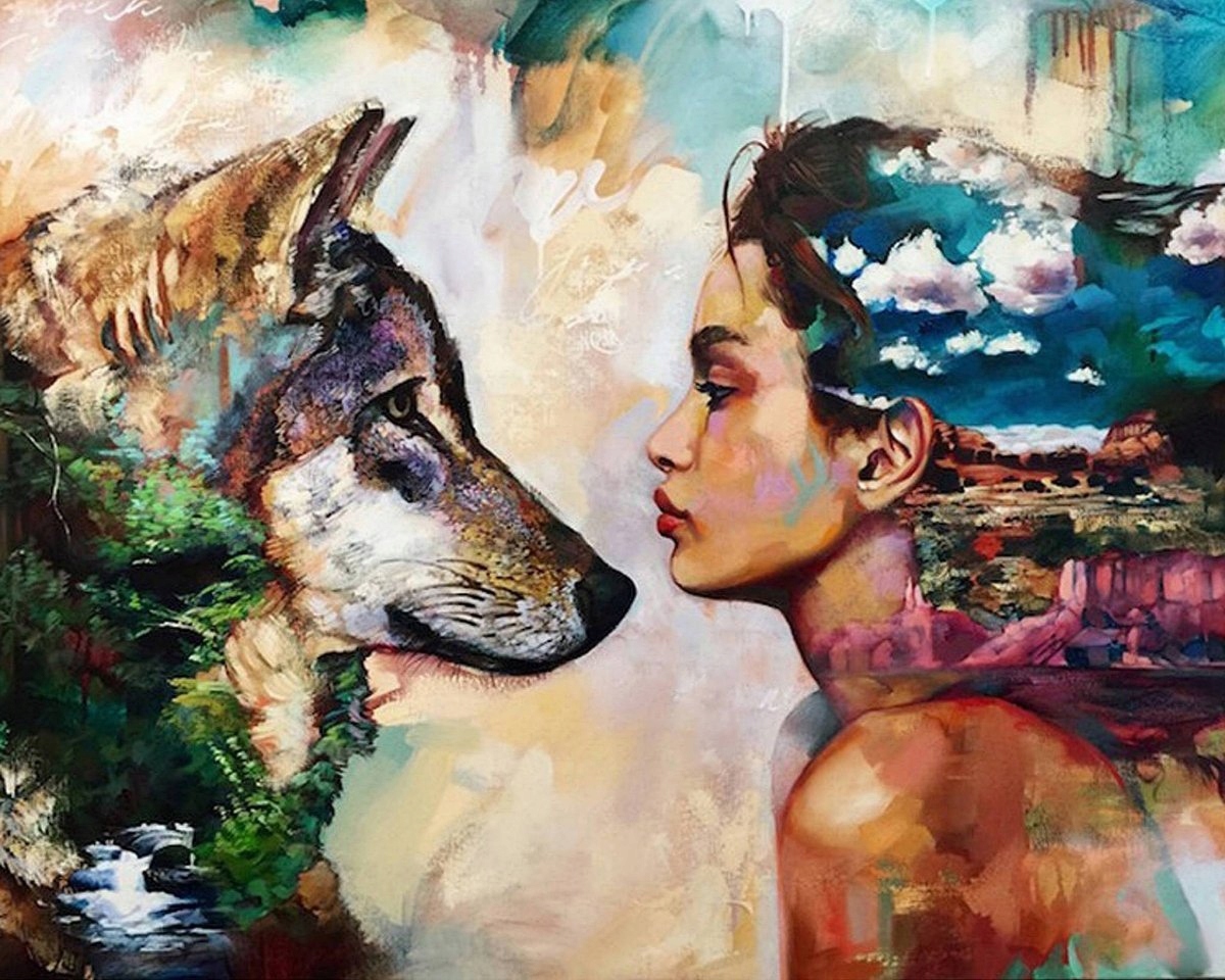 Diamantová Výšivka Diamond Painting Mozaika Žena a vlk 55x75 cm 5D sada