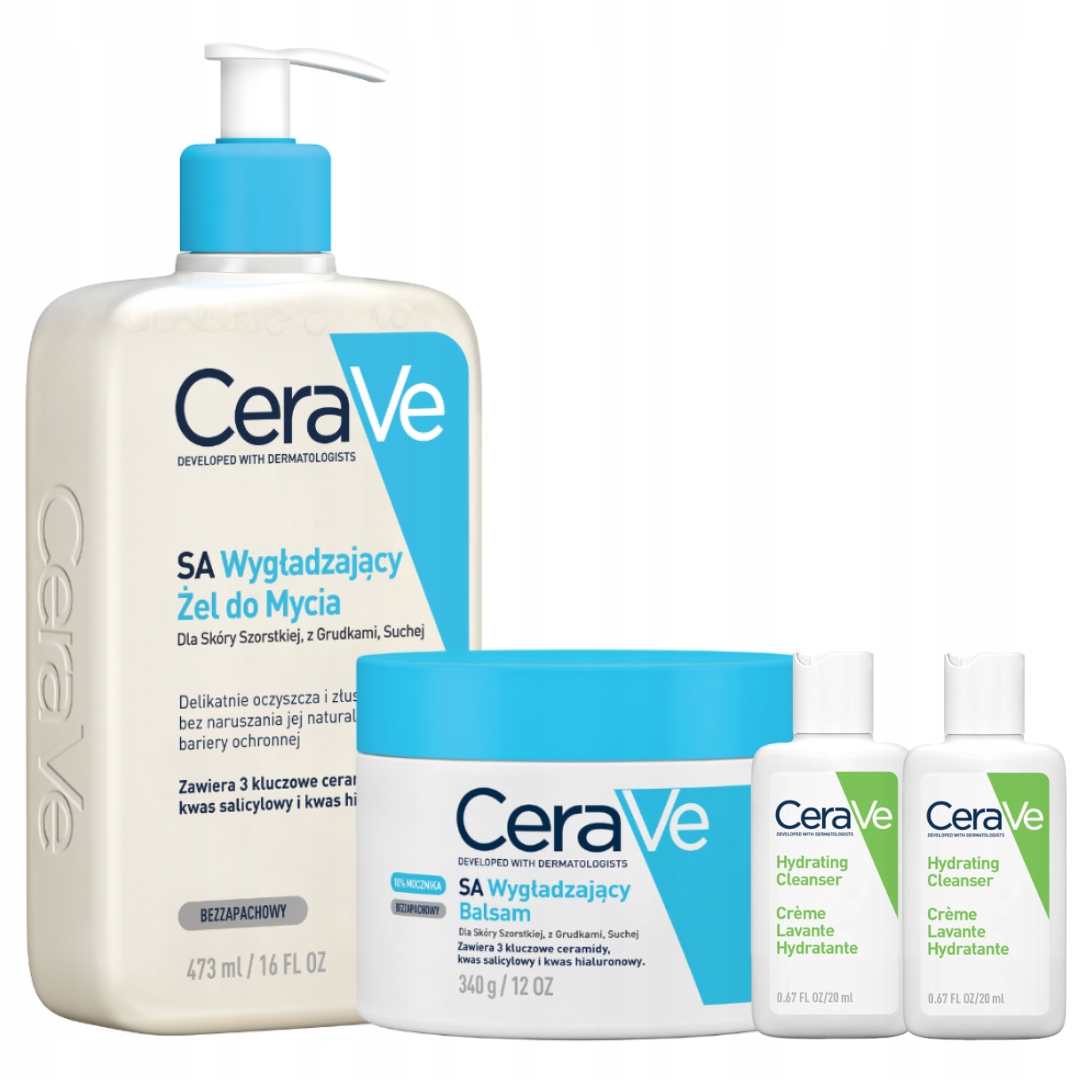 CeraVe Zestaw Wygładzający Sa Żel do Mycia 473ml, Balsam Skóra Szorska 340g