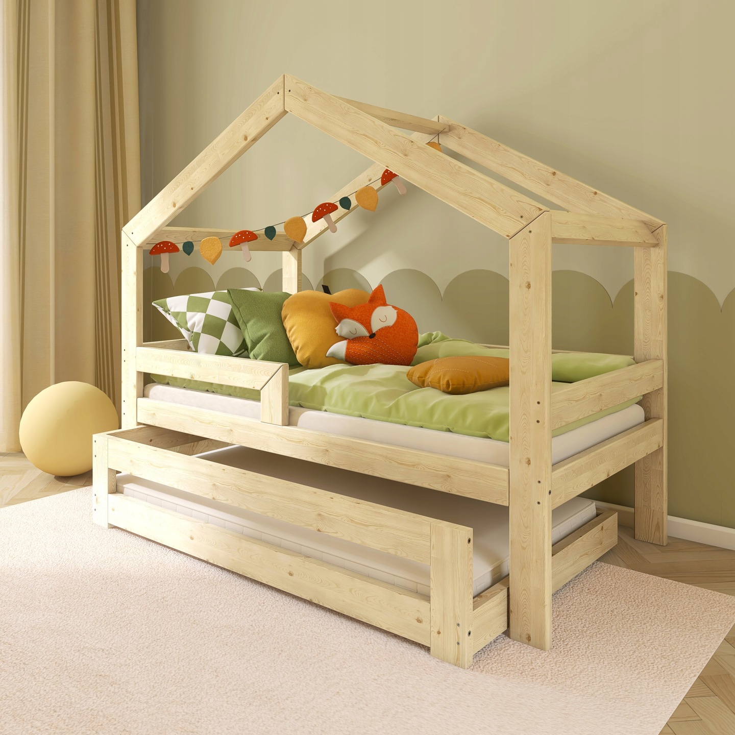 ŁÓŻKO DOMEK PODWÓJNE WYSUWANE PIĘTROWE 160X80 + BARIERKA + 2 STELAŻE W5