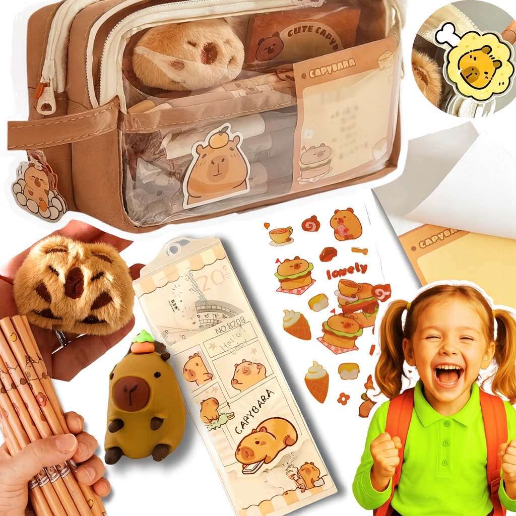 Piórnik Szkolny Przybornik Biurkowy ZESTAW KAPIBARA Notes Ołówki Temperówka