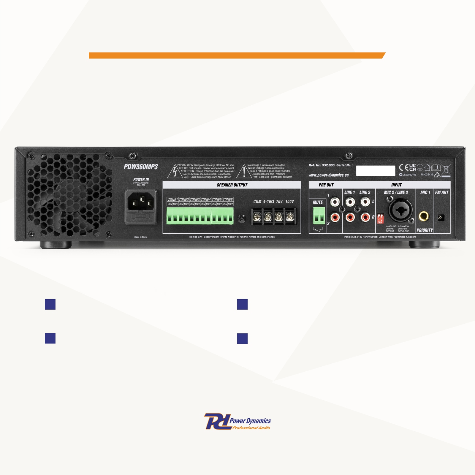 Wzmacniacz 360W/100V 6 strefowy MP3 BT radio FM Funkcje tuner FM