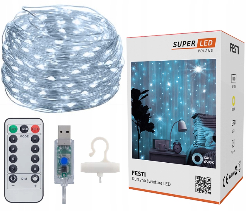 Kurtyna świetlna 300 LED Girlanda Lampki 3x3 m USB druciki SuperLED + pilot