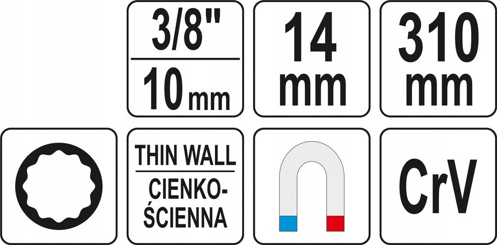 KLUCZ DO ŚWIEC 14mm Z PRZEDŁUŻKĄ 3/8 I MAGNESEM Rozmiar klucza 14 mm
