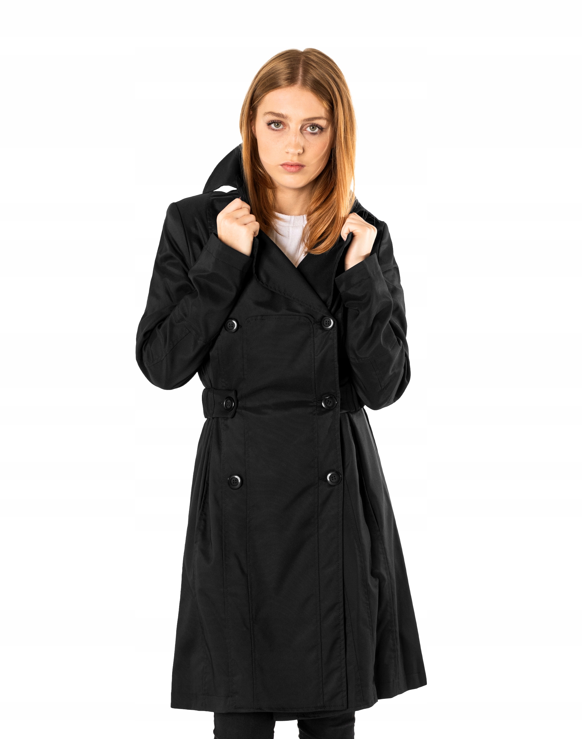 Elegantní černý klasický dlouhý dámský přechodový kabát Trencz 349-1 40