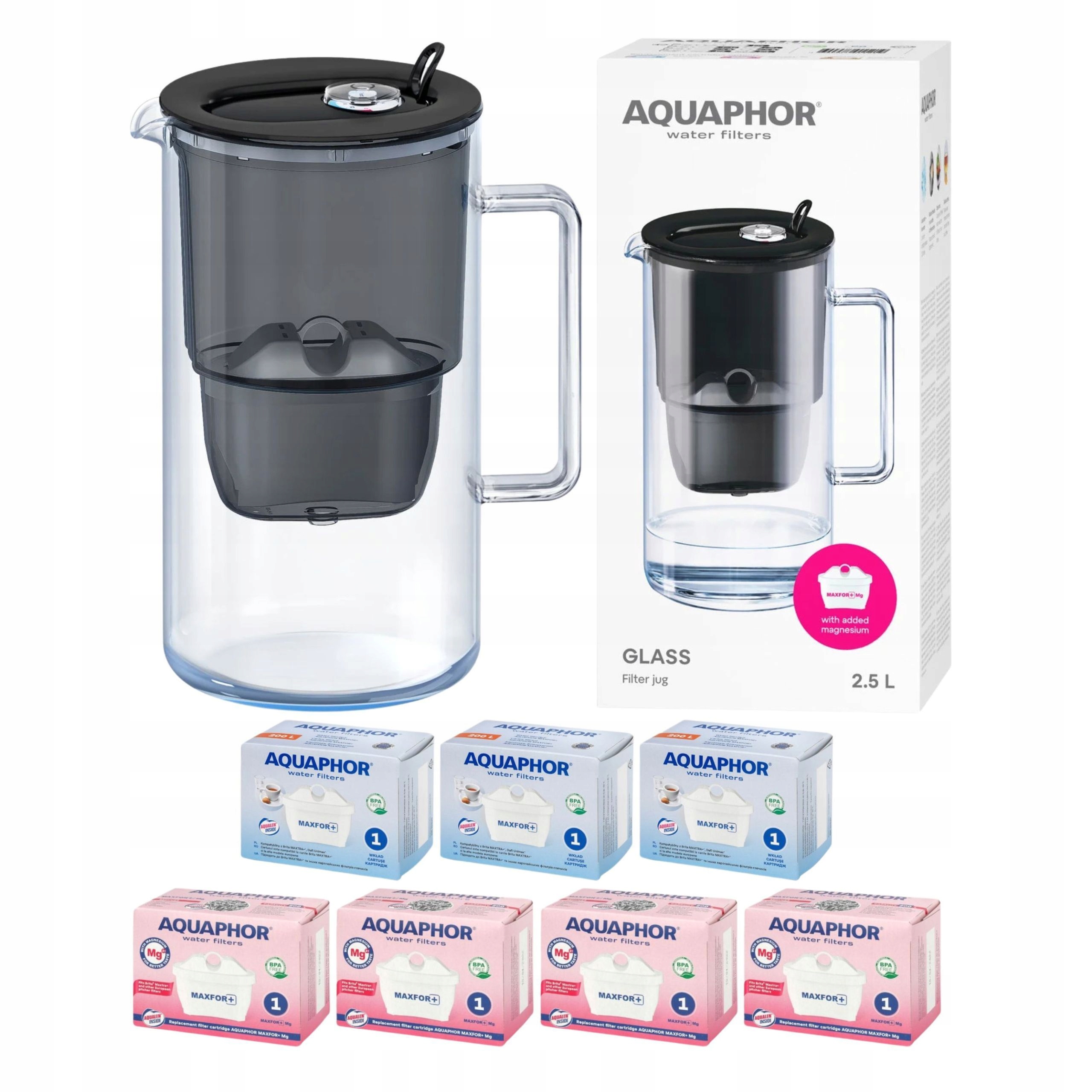 Skleněná filtrační konvice Aquaphor Glass černá 7 filtrů (4Mg+3)