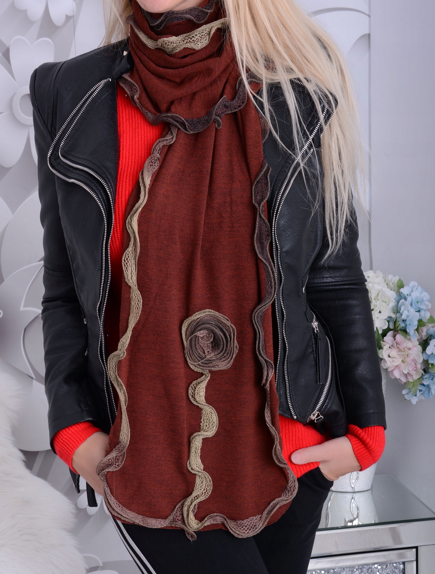 

Ciepły Wrzosowy Szal Szalik Piękna Róża Brąz 914