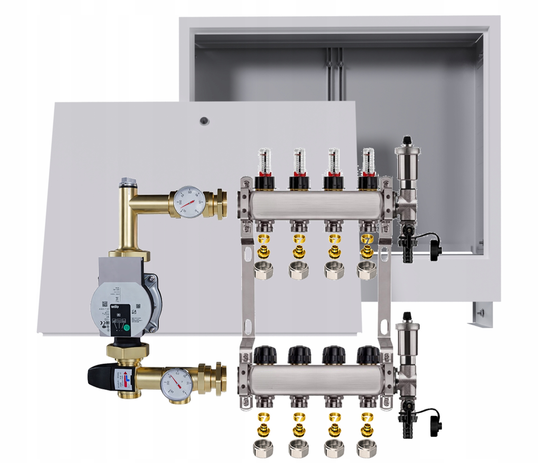 Nerezový rozdělovač pro podlahovku 4 podomítkové skříňky Pompa Wilo Pex