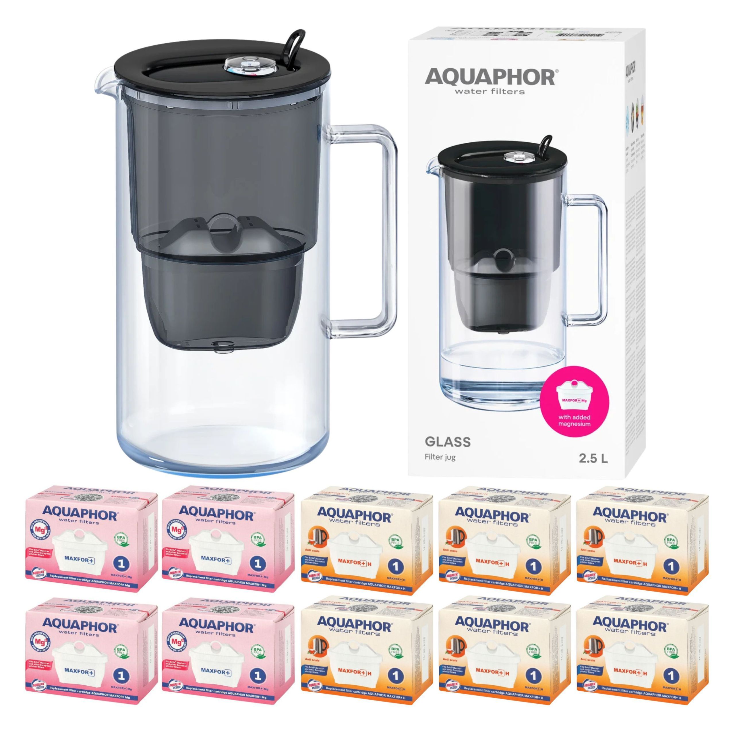 Skleněná filtrační konvice Aquaphor Glass černá 10 filtrů (4Mg+6H)