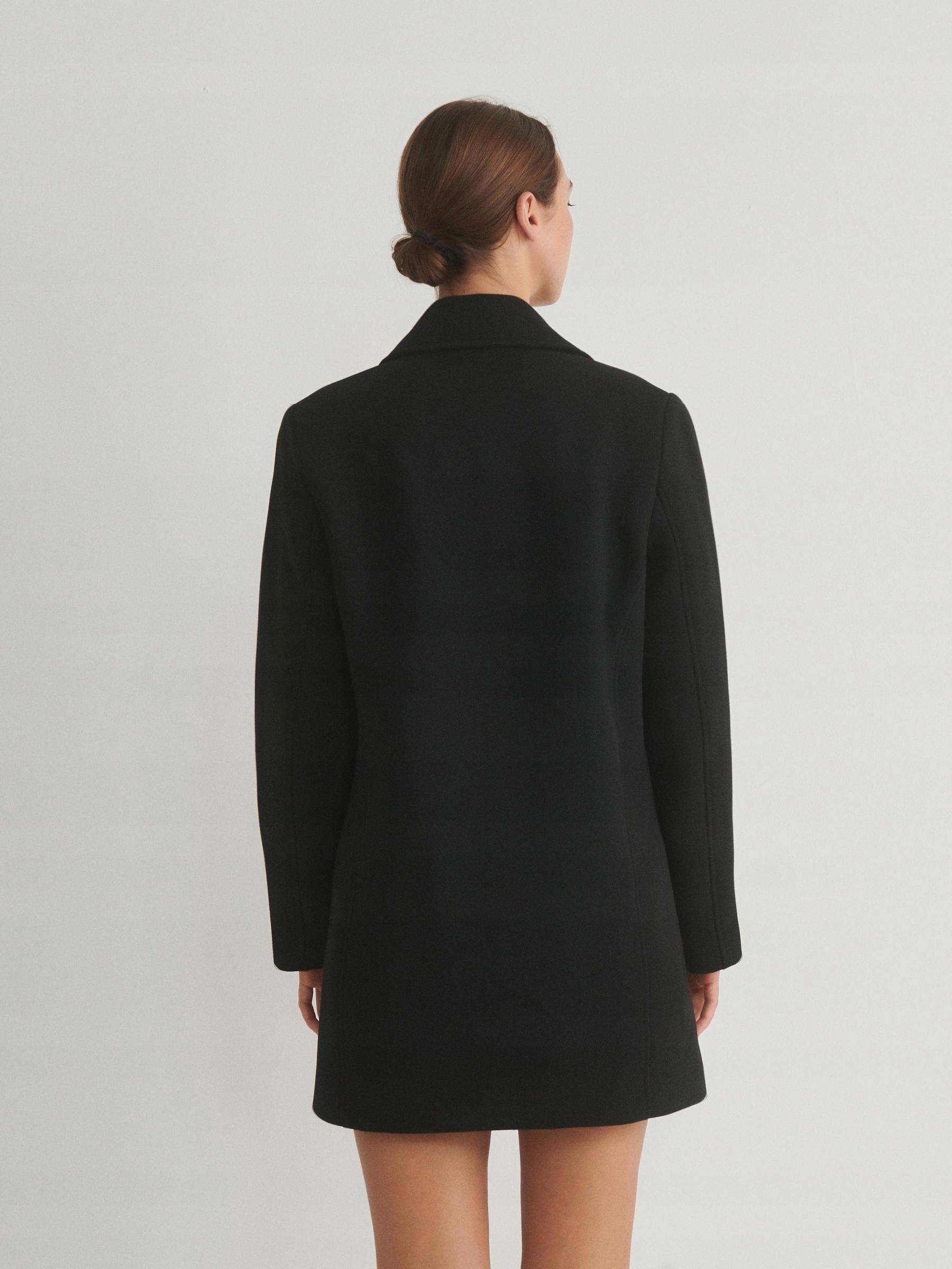 CZARNY DWURZĘDOWY PŁASZCZ PRZEJŚCIOWY OZDOBNE GUZIKI Z DODATKIEM WEŁNY M Długość rękawa 63 cm