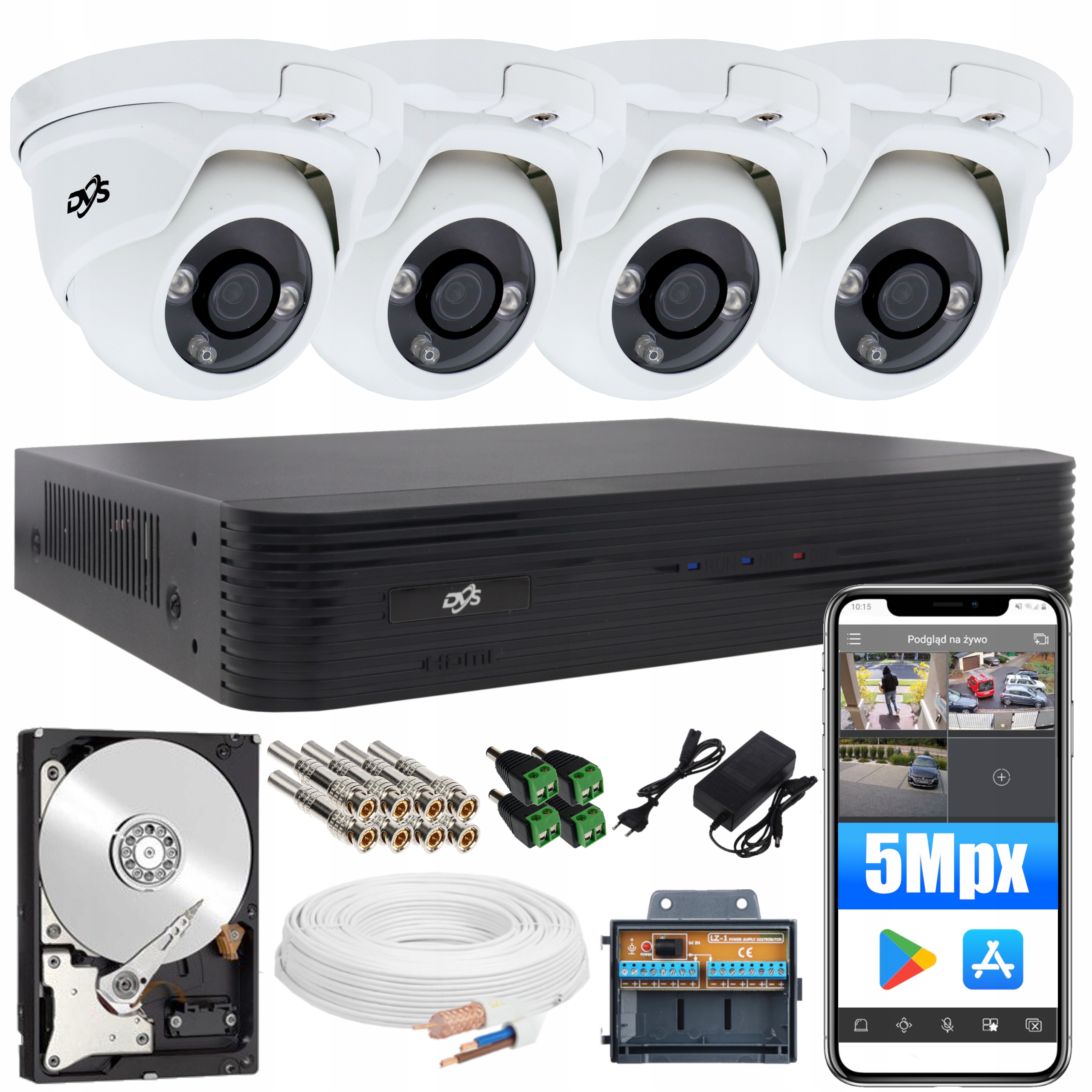Zestaw do monitoringu 4 kamer 5Mpx aplikacja 1TB