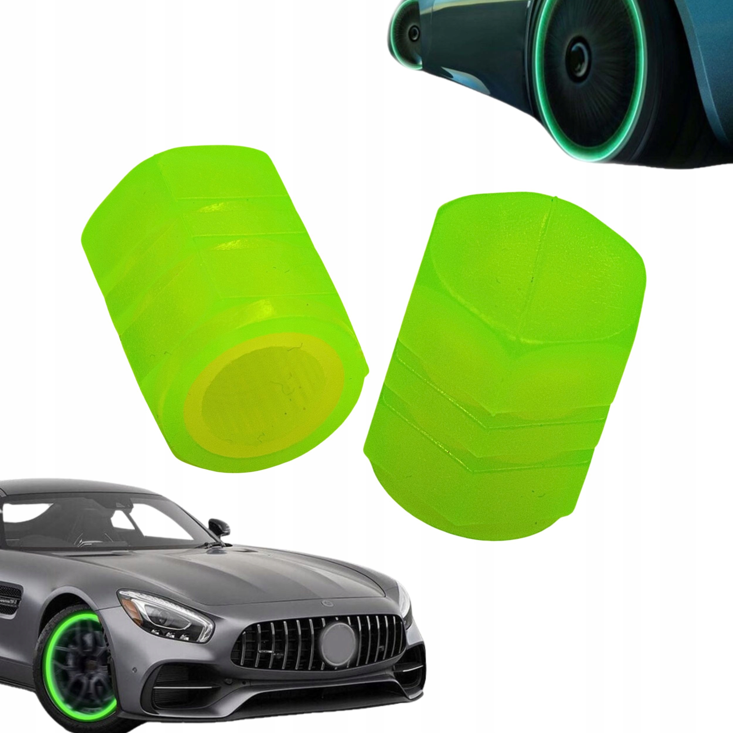 NAKRĘTKI NA WENTYLE ŚWIECĄCE FLUORESCENCYJNE DO KOŁA ROWERU SAMOCHODU 2SZT Model FLUOR