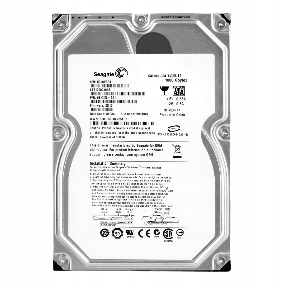 Seagate Barracuda 7200.11 1TB Sata II 7.2K 32MB 3.5'' ST31000340AS
