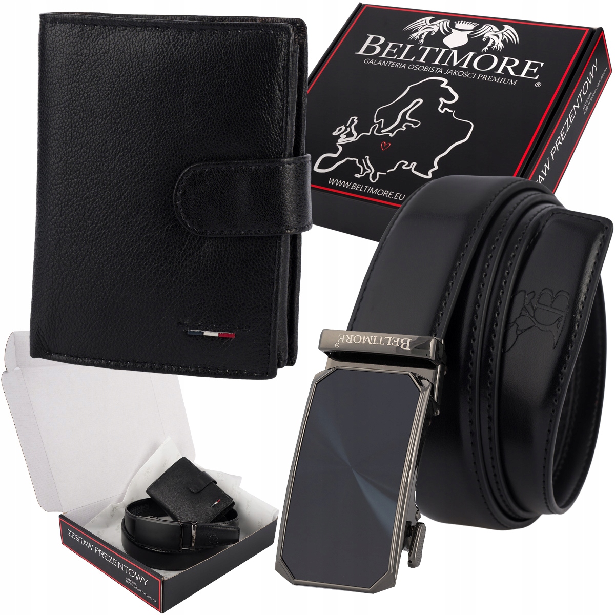 Zestaw prezentowy męski skórzany pasek portfel pudełko premium Beltimore