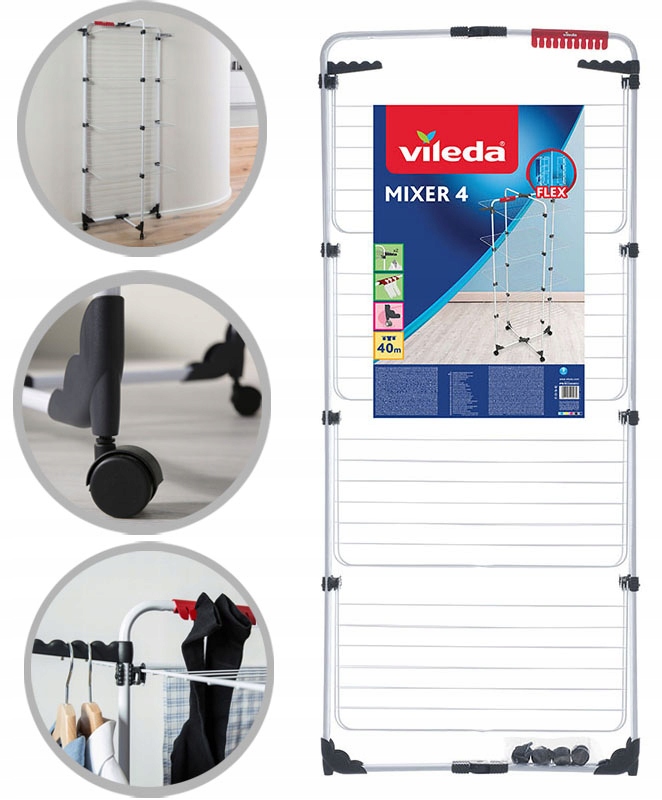 Suszarka Vileda Mixer 4 Składana Stojąca 8 Skrzydeł 4 Poziomy Kółka