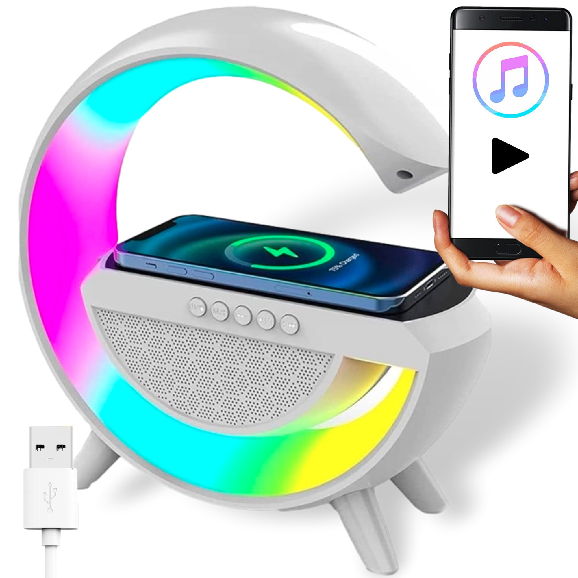 GŁOŚNIK LAMPKA NOCNA LED GAMINGOWA RGB ŁADOWARKA INDUKCYJNA TELEFON RADIO