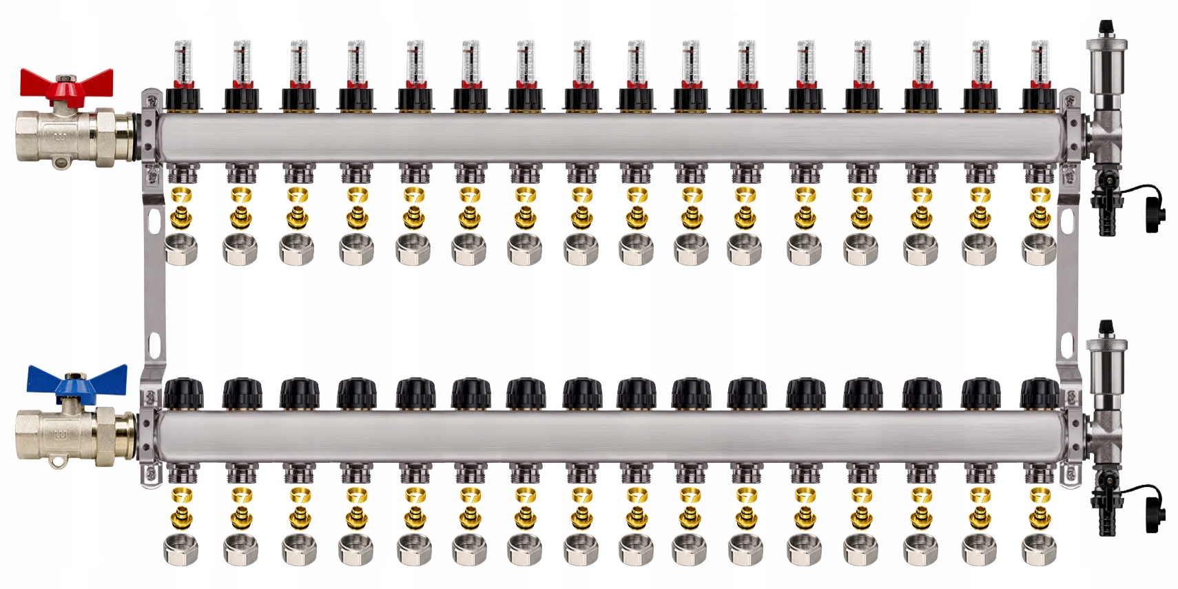 Rozdělovač Pro Podlahovku 16 Nerezových Okruhů Jednoduchý Ventil Pex Spojky