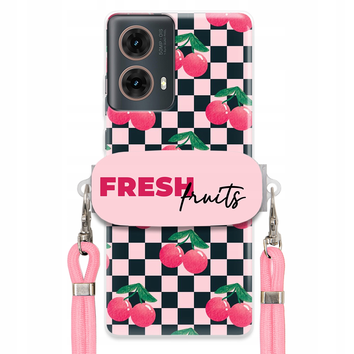 Puzdro pre Motorola G85 Vodítko Pink Crossbody Držiak Šachovnica Fresh Fruits