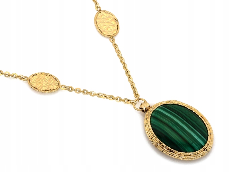 Zlatý náhrdelník 585 velký oválný přívěsek s malachitem r48 jako dárek