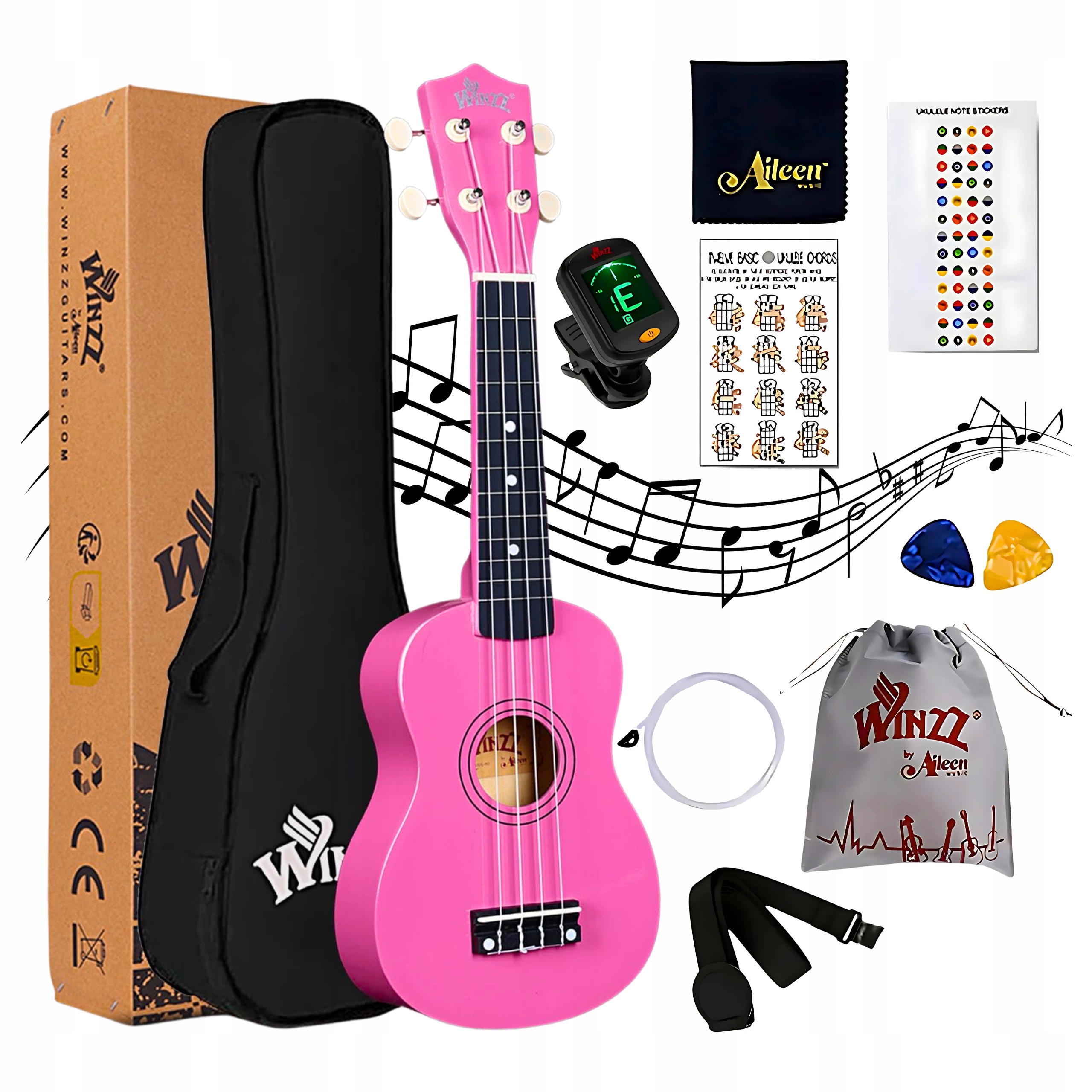 Sopránové růžové ukulele Winzz je startovací pouzdro pro začátečníky a děti