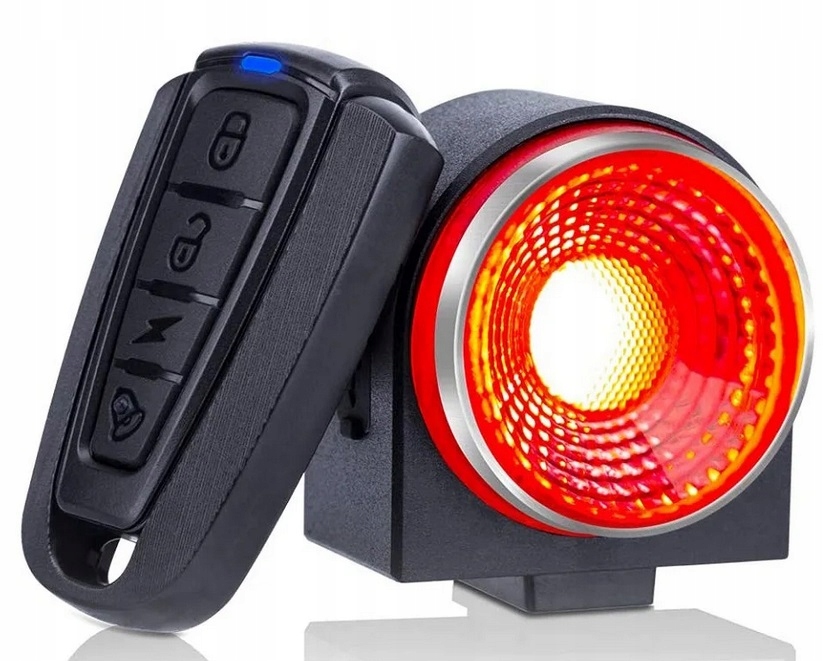 Alarm rowerowy na pilota ładowany Usb z lampką Stop i czujnik ruchu A8 Pro