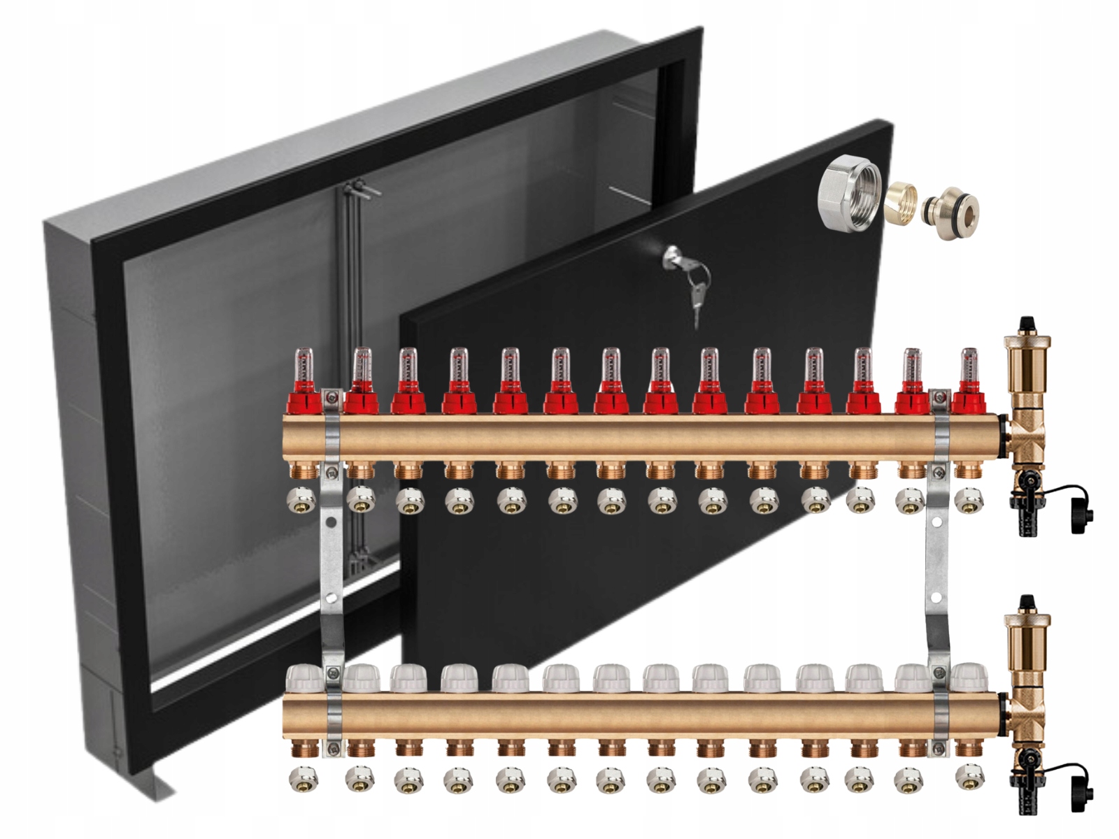 Mosazný Rozdělovač 14 Sekcí Pex Konektory Podomítková Skříňka Černá
