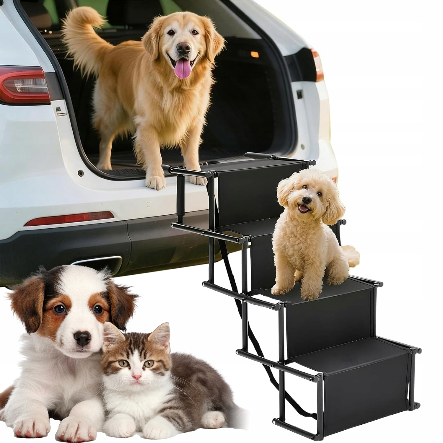 Levně Skládací Schody Pro Psa 4 Stupně, Stabilní, Max 80 Kg, Černé