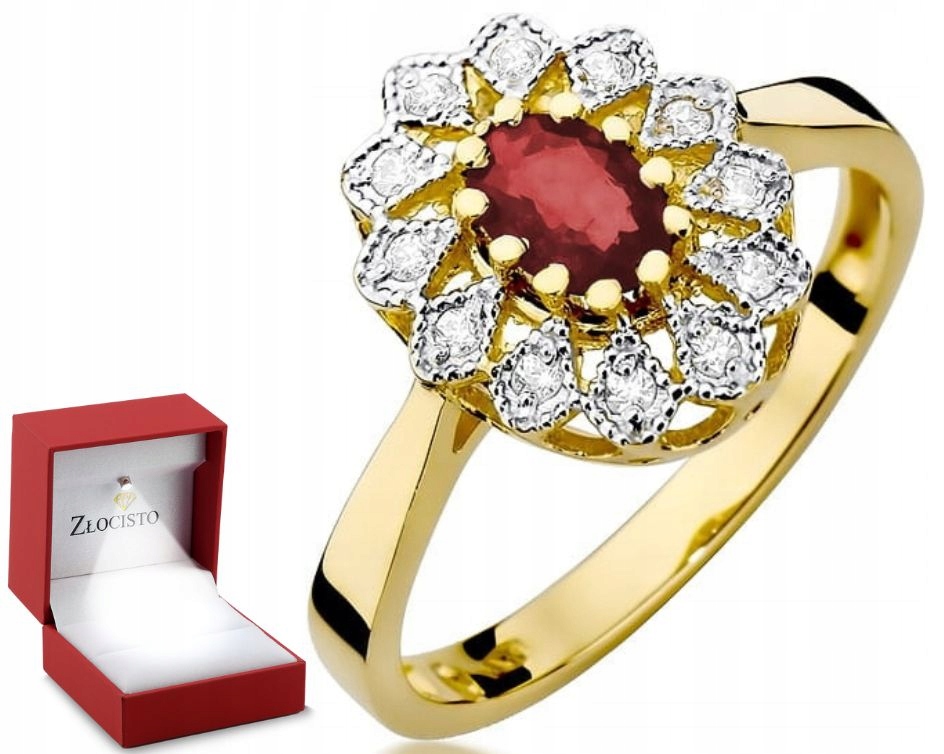 Złoty Pierścionek Rubin 585 Brylanty 0,10CT Grawer