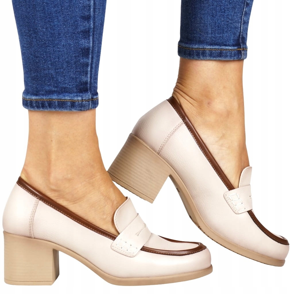 Dámské Polobotky Mokasíny Na Podpatku, Béžové, Elegantní, Módní, Pohodlné