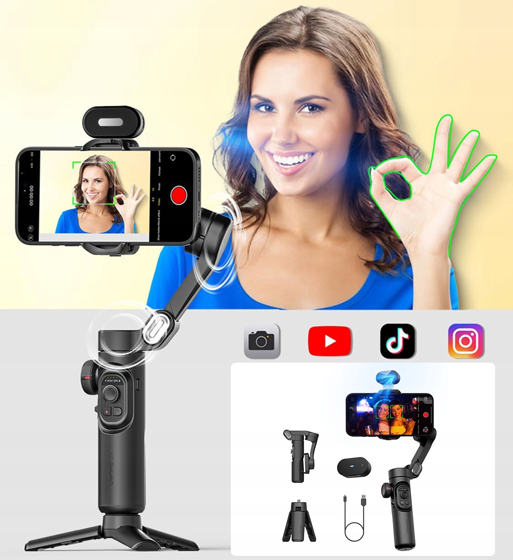 PROFESJONALNY STABILIZATOR WIDEO - SMART 8.0 + TRYBY F/POV/DM/GO - CZARNY Marka bez marki