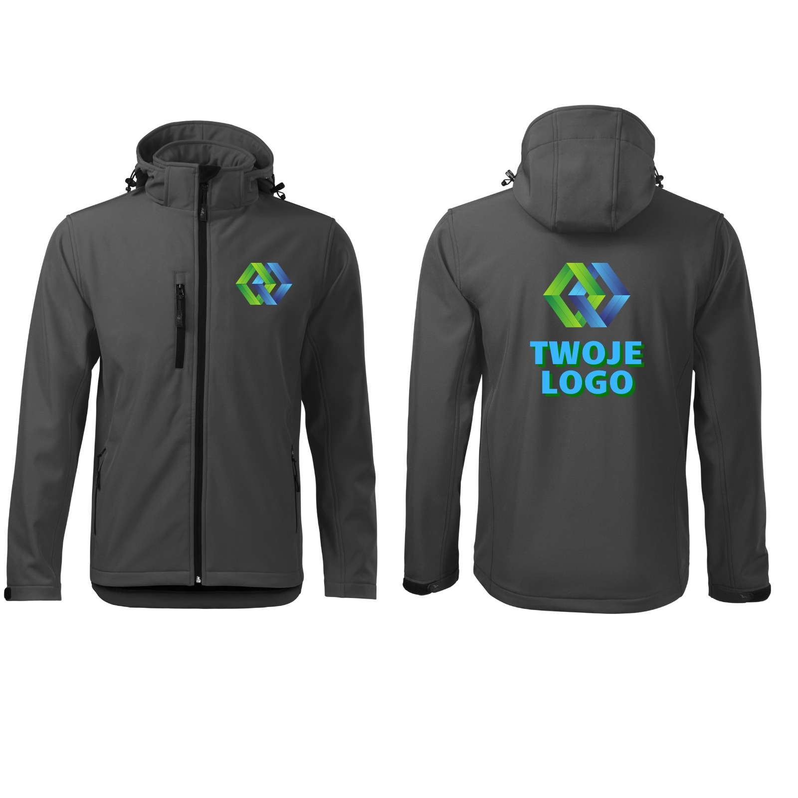 

Kurtka softshell z kapturem z nadrukiem Logo Firmy