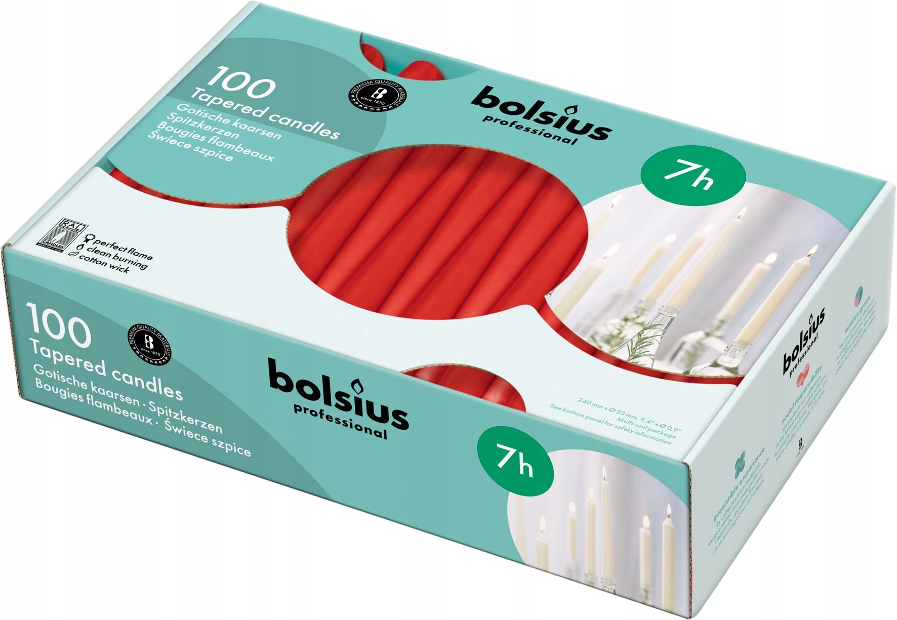 Svíčka Bolsius konická stolní 240/23 100 kusů červená