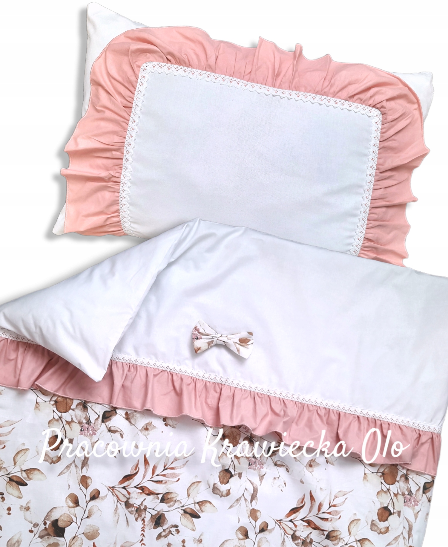 

Pościel Queen eukaliptus beż kwiaty koronka 120X90