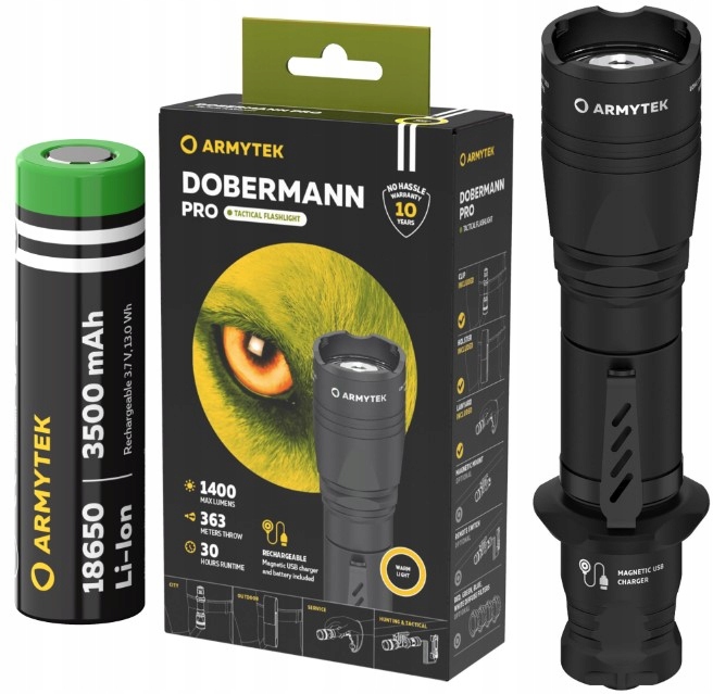 Armytek Latarka Dobermann Pro Taktyczna Usb Ciepły Warm 18650 363m 1400 lm