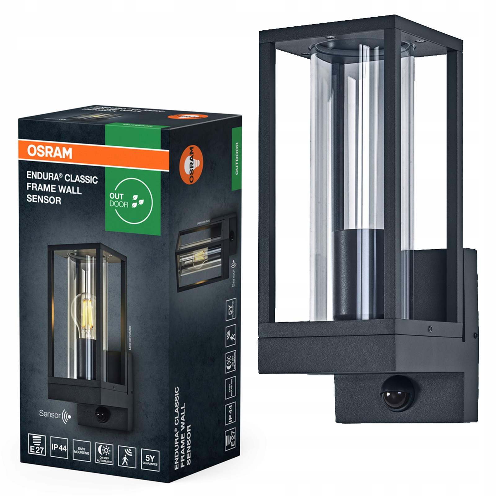 Záhradné nástenné svietidlo Vonkajšia lampa E27 IP44 Snímač pohybu súmraku Endura