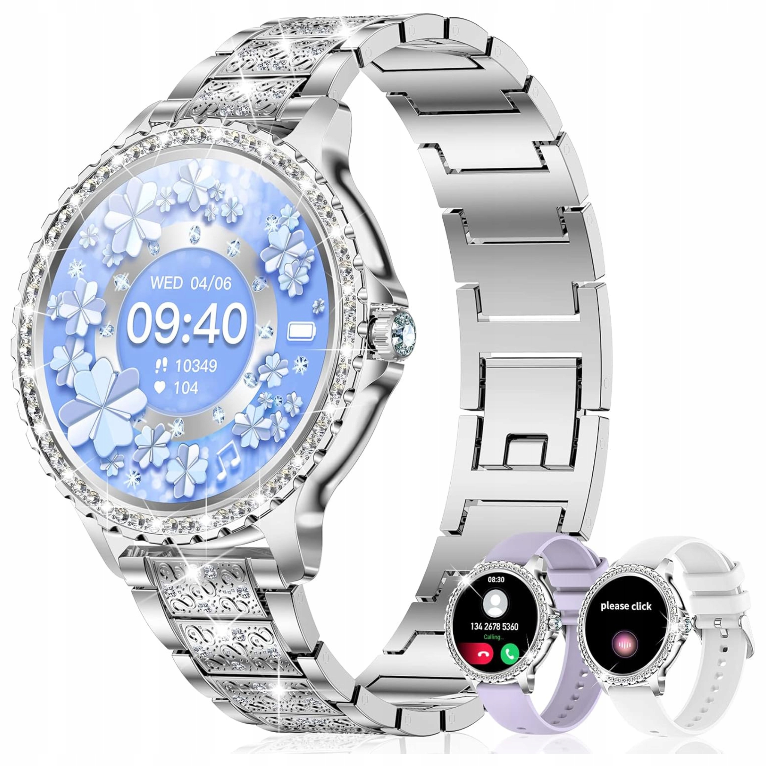 Chytré Hodinky Dámské Diamanty Hovory 1.32" Hd 3 Pásky Stříbrné iOS Android