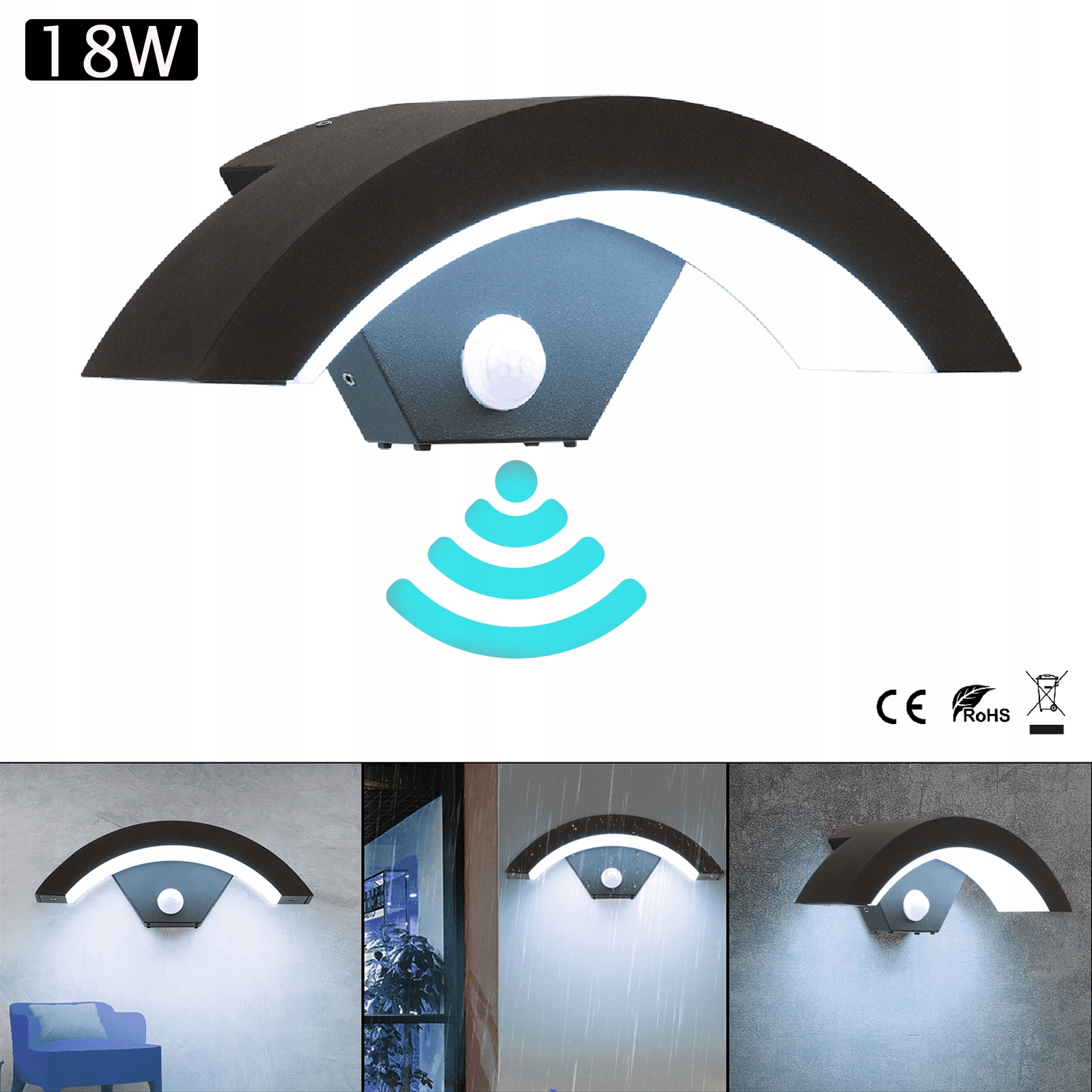 Led Nástěnná Lampa S Pohybovým Senzorem IP65 18W 6000K Venkovní Černá