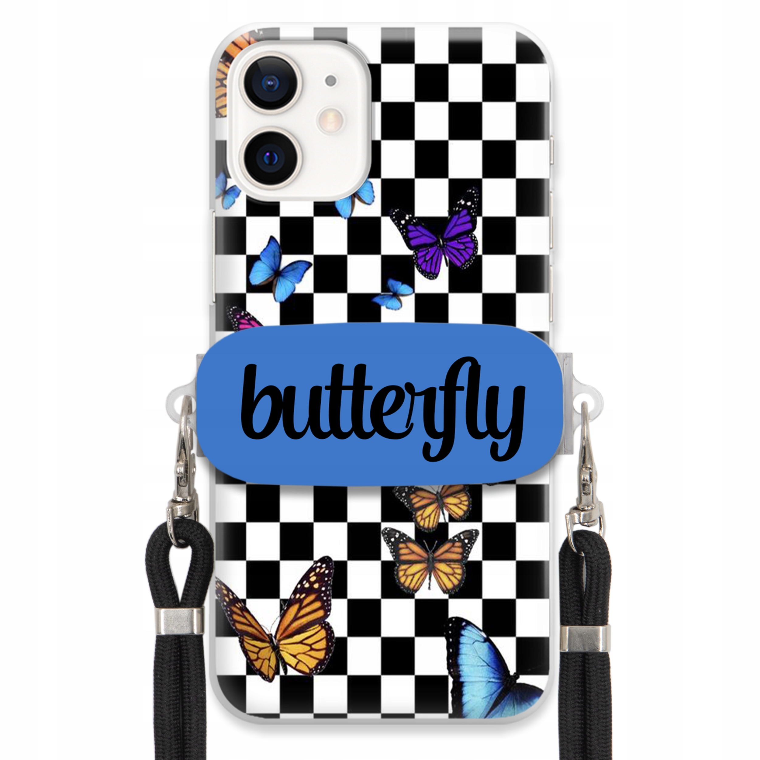 Puzdro Pre iPHONE 12 Mini Case Držiak Obdĺžnikový Black Smycz Butterfly Motýle