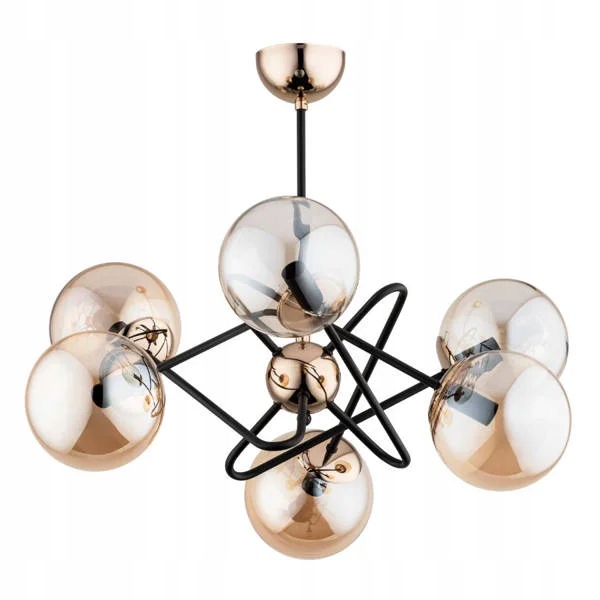 Dekoratívna stropná lampa čierna zlatá, sklenené jantárové gule 6 bodov Alfa