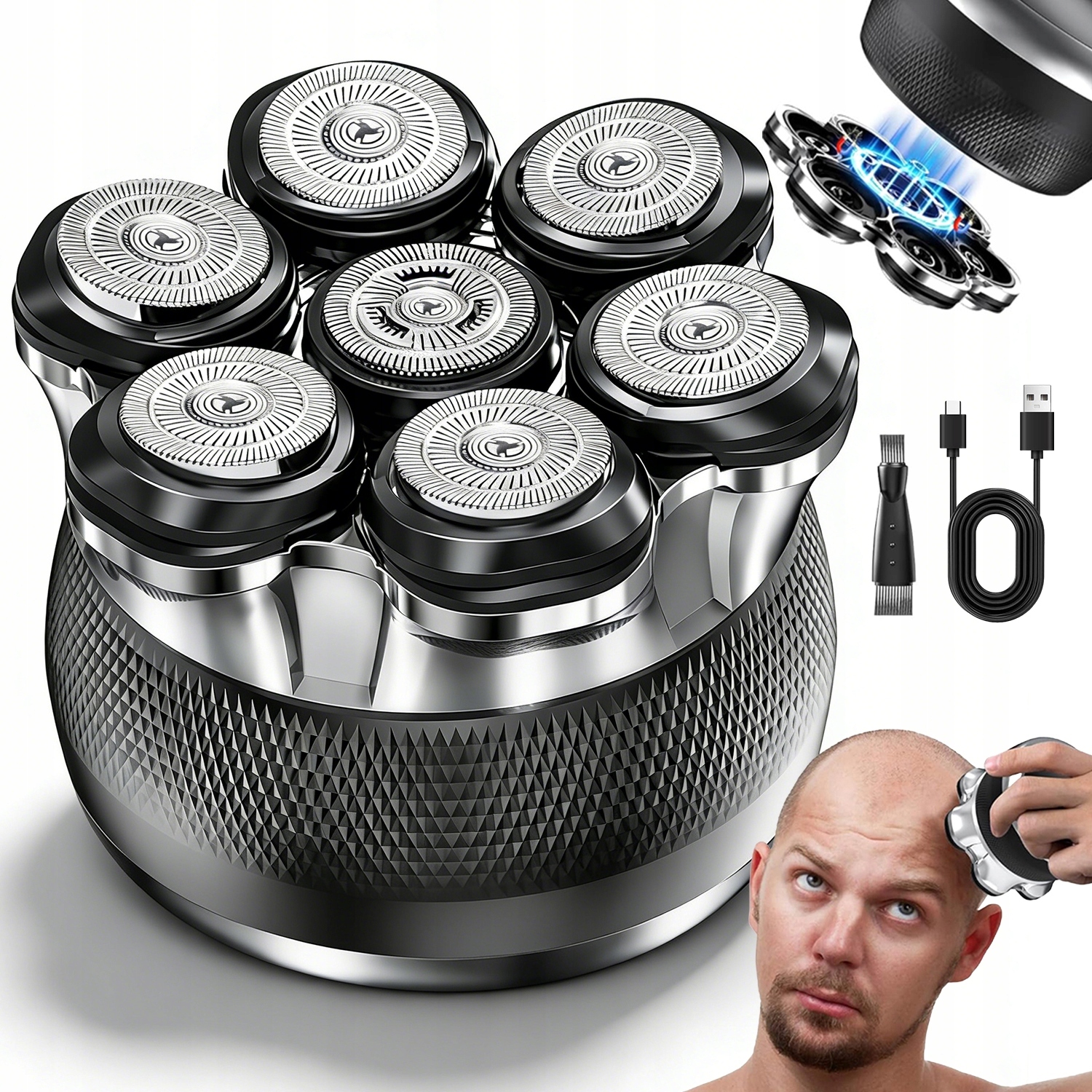 Holicí Strojek Elektrický Pánský Nabíjecí Vodotěsný 7D Otočná Led Hlava