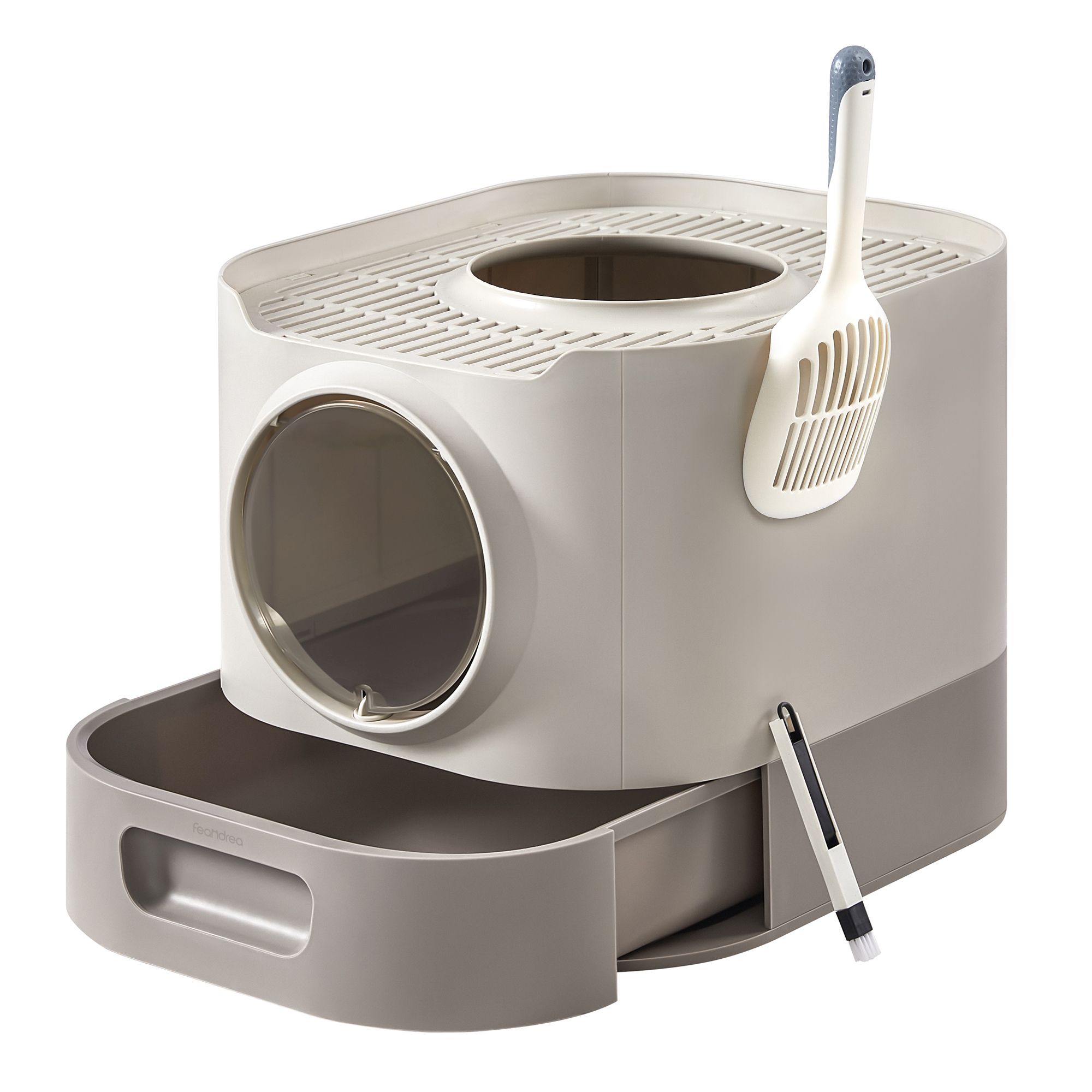 Levně Béžová hygienická kočičí toaleta s výsuvným podnosem a lopatkou s kulatý otvor pro kyvadlo