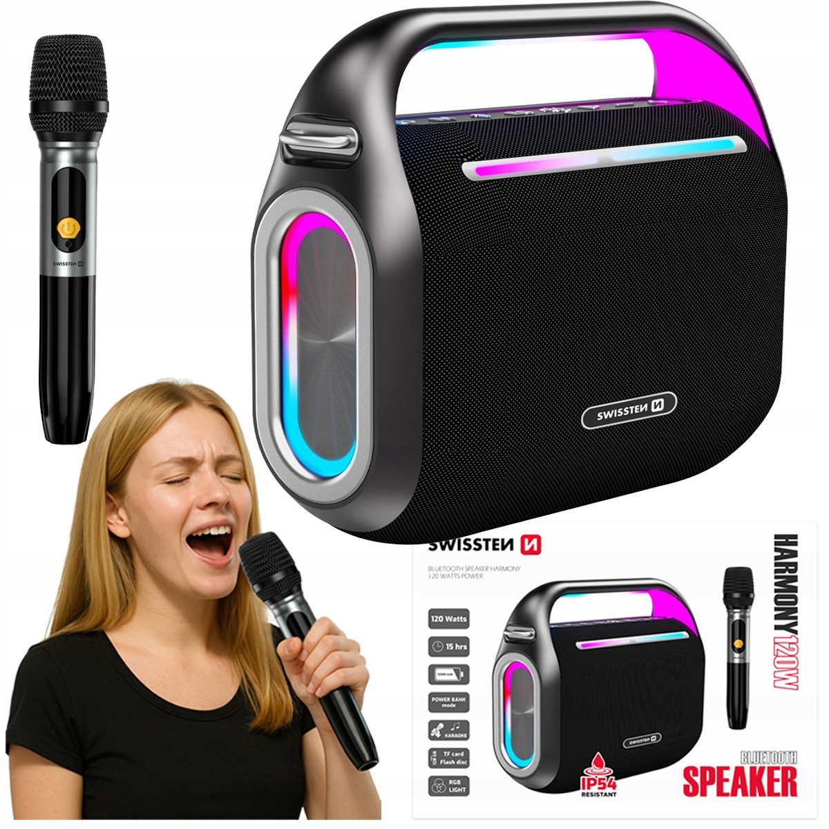 Bluetooth Led reproduktor s mikrofonem Karaoke Harmony 120W Swissten