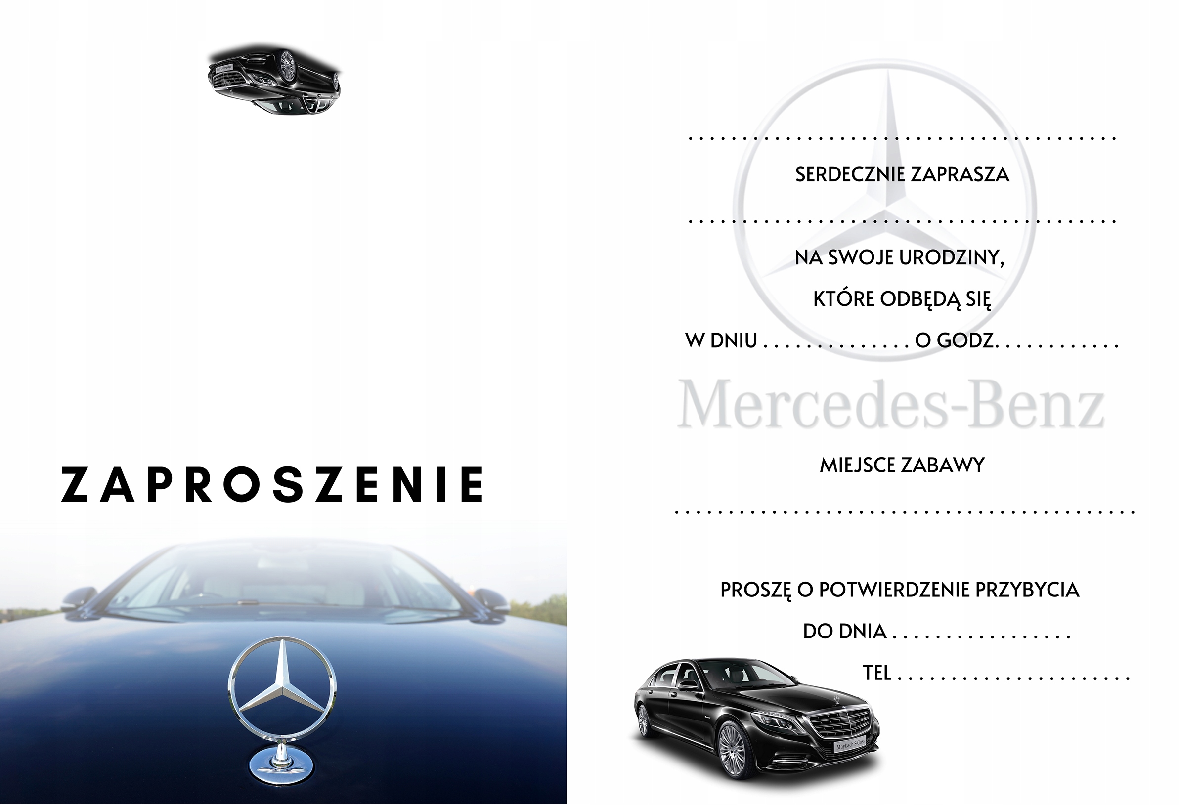 ZAPROSZENIE MERCEDES AUTA SAMOCHODY ZAPROSZANIA URODZINOWE 20x15 cm Marka inna
