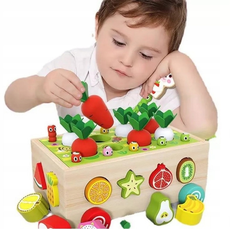 SORTER DREWNIANY EDUKACYJNY 33 EL ROBACZKI MAGNETYCZNE MARCHEWKI OWOCE Wiek dziecka 3 lata +