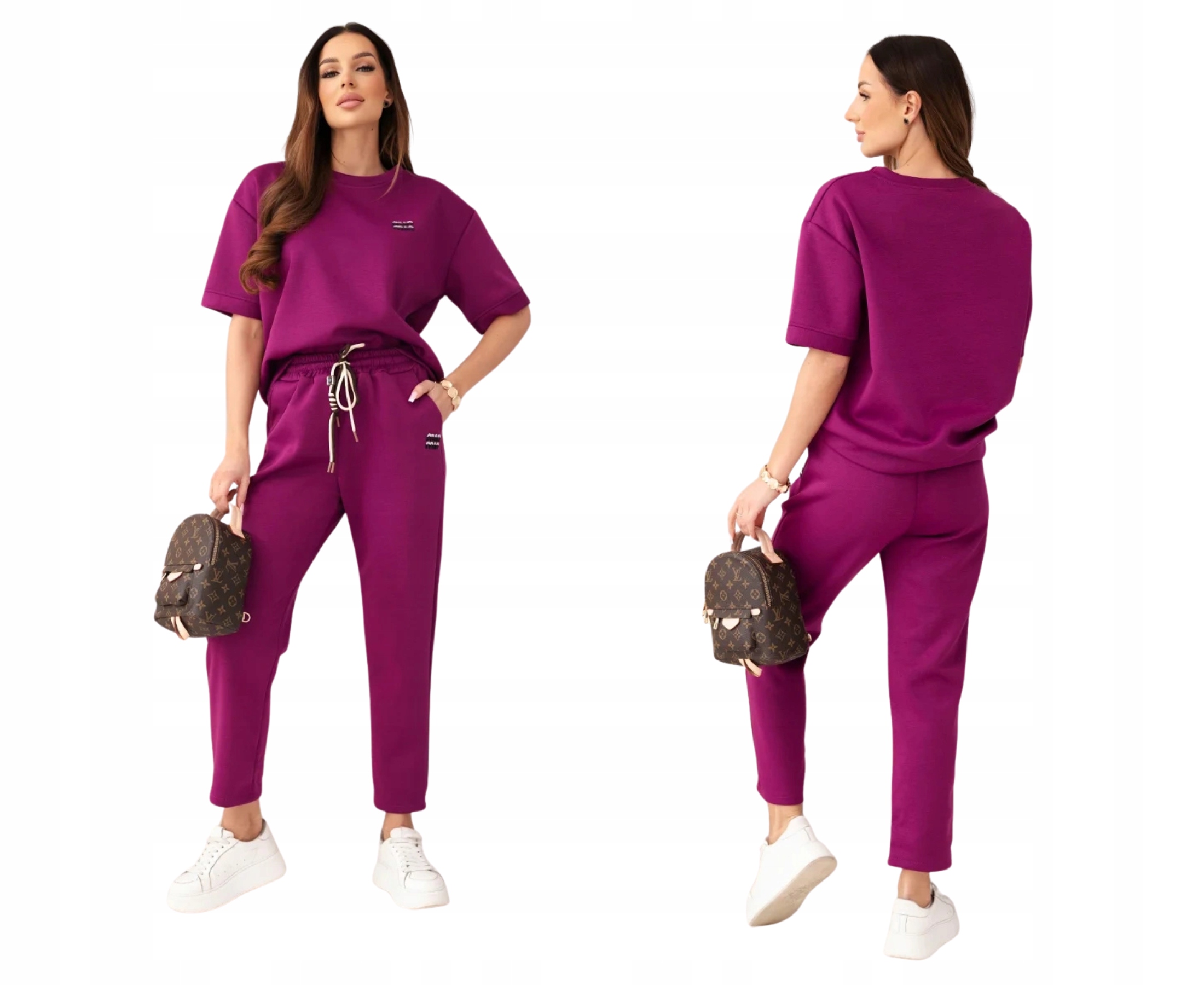 Ciemny fioletowy komplet damski sportowy z krótkim rękawem Masełko